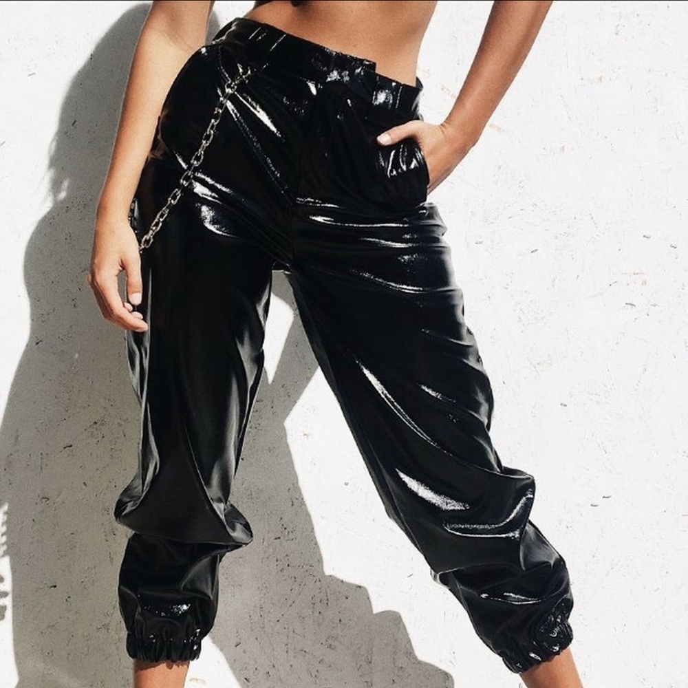 Mistress Rocks Black Patent Viny trousers w/ chain